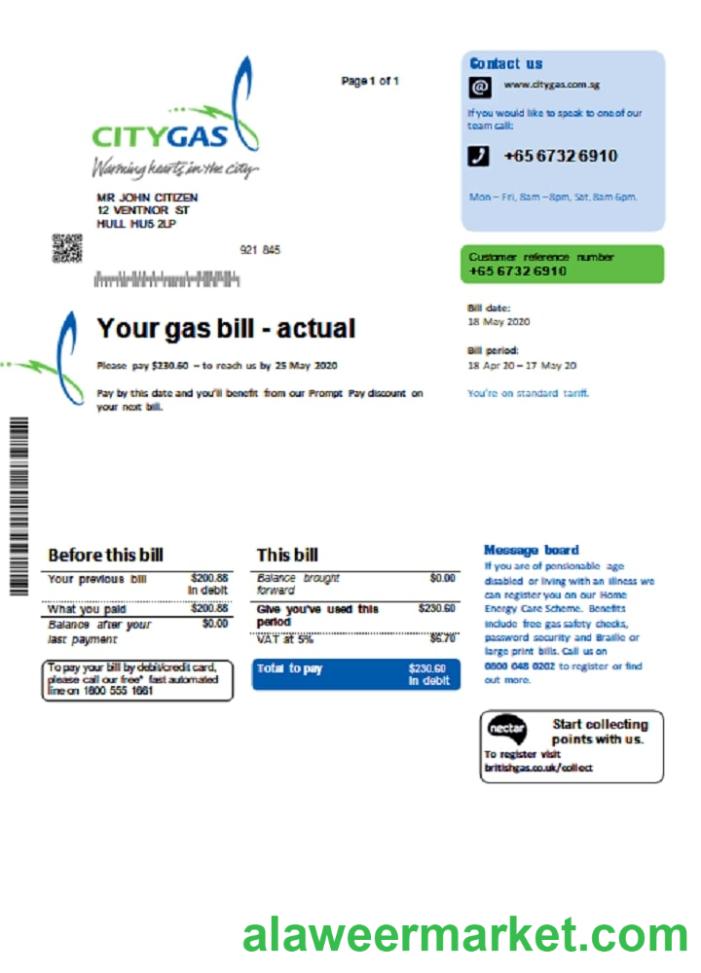 Singapore City Gas utility bill template in Word and PDF format